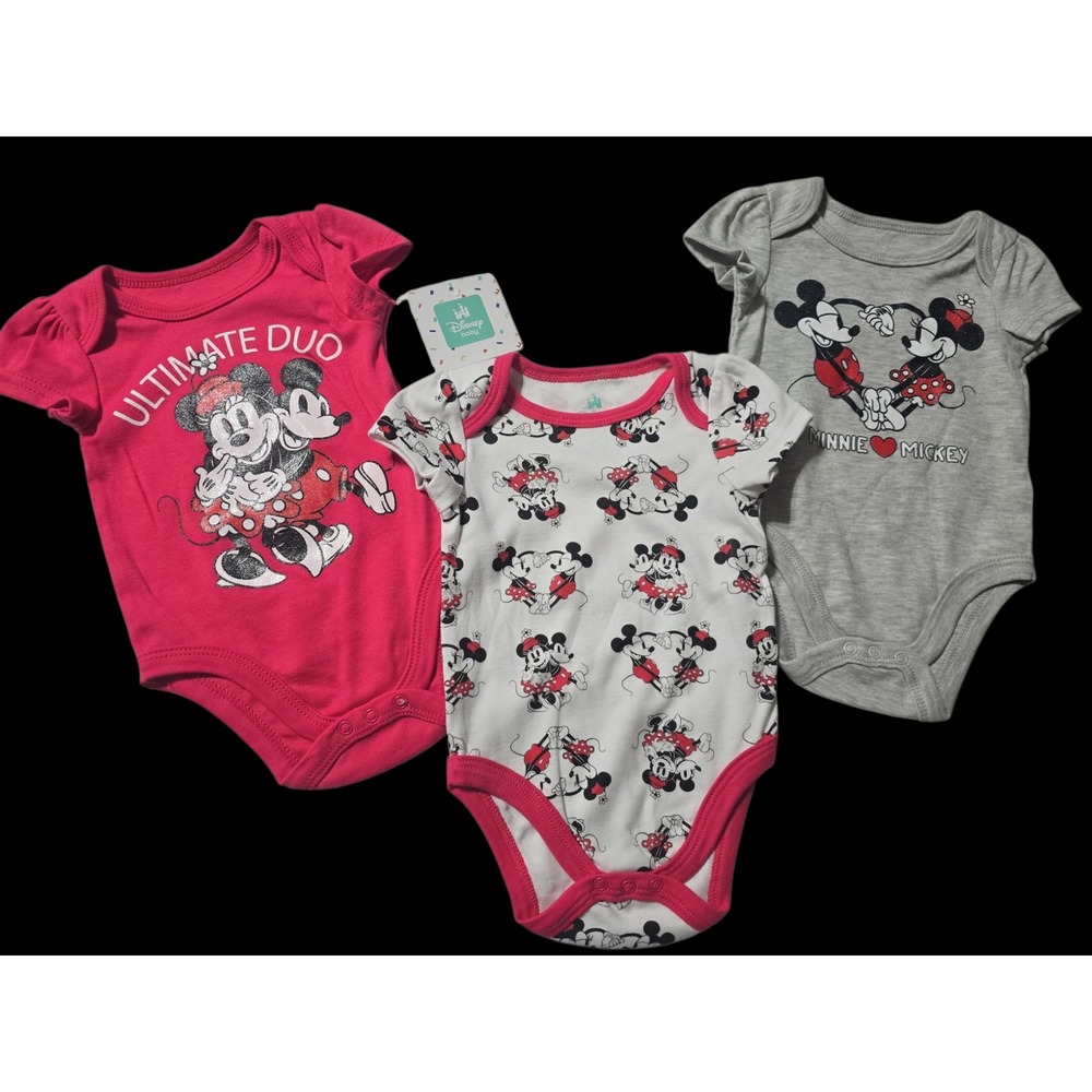 Disney Baby Girls 3-6 mo Mickey Minnie Mouse bodysuit Pink Grey White New